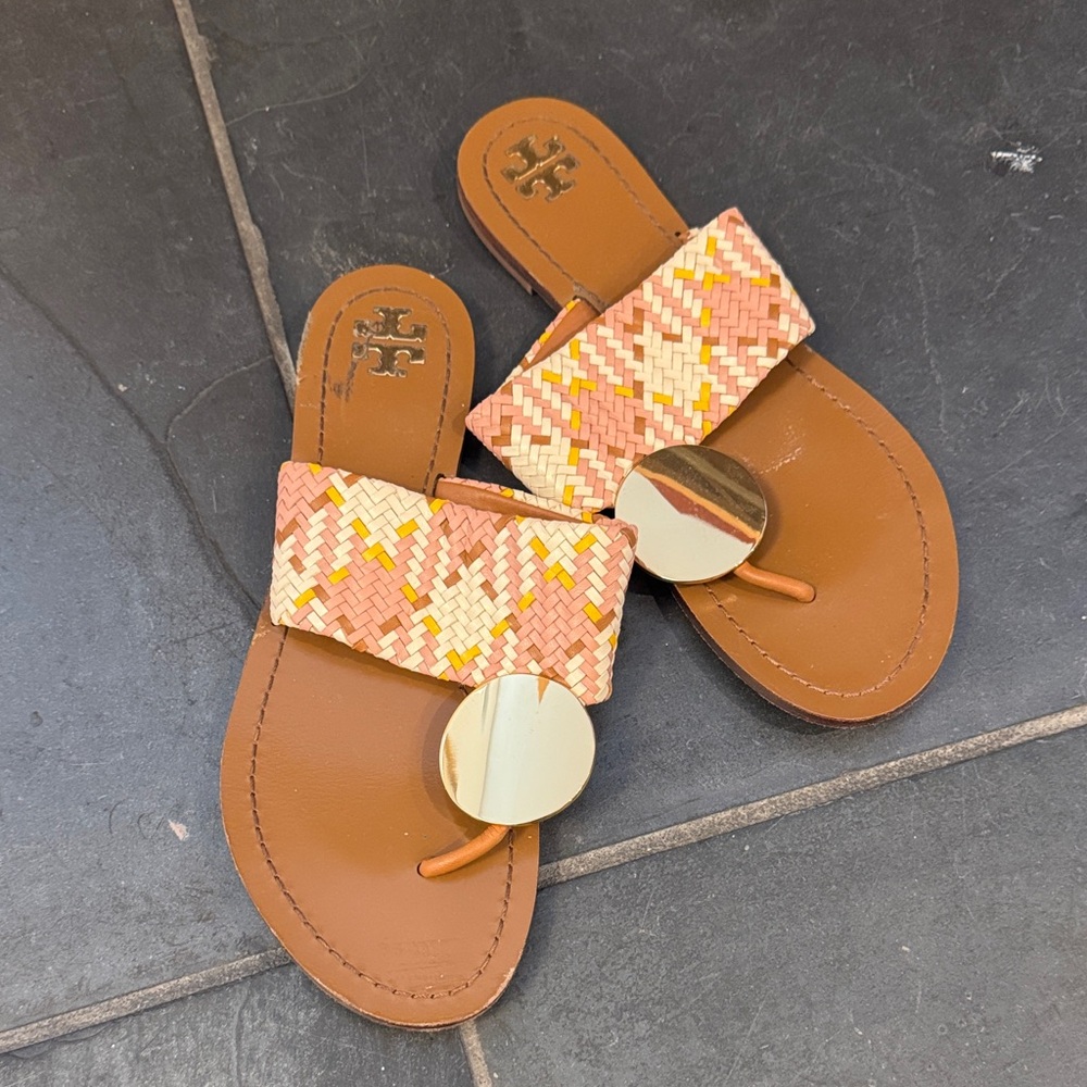 Tory Burch Multicolor Woven Sandals with Gold Disc